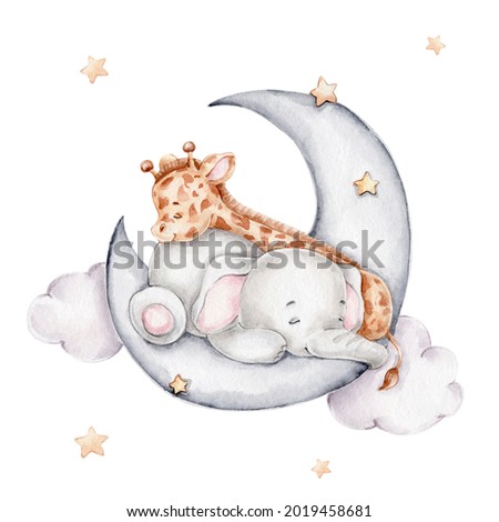 Cute giraffe and elephant sleeping on the moon; watercolor hand drawn illustration; with white isolated background