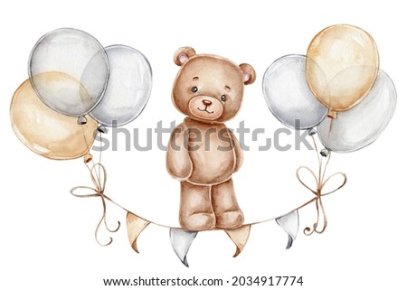 Teddy bear, balloons and flags; watercolor hand drawn illustration; with white isolated background Foto d'archivio © 