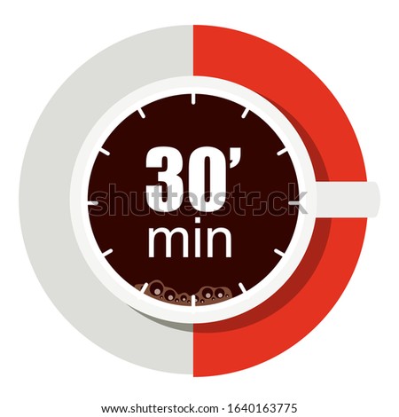 Vector illustration of the concept of coffee break time. a cup of coffee to fill small breaks when working or meeting. Hour symbol of 30 minutes. Company culture
