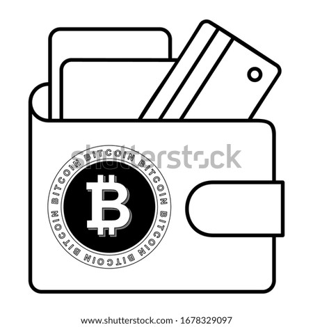 Outline icon of a Bitcoin wallet with a bank card. Vector illustration.