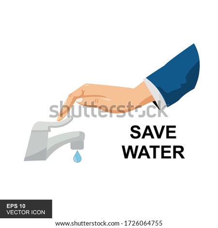 Save water concept. The man closes hand faucet. Shut off the water. Vector illustration flat design. Isolated on background. 