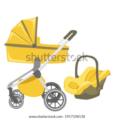 Baby stroller transformer. Vector baby stroller set. Newborn stuff for walking. Things you need to transport the child and walks with a newborn. Baby stroller three in one. Modular baby stroller. 