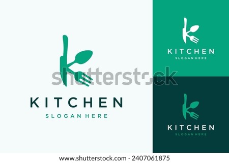 modern logos for restaurants or kitchens or monograms or initials K with knives, spoons and forks