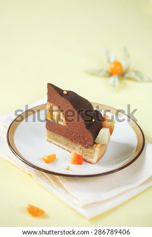 Piece of Chocolate, Mango and Macadamia Cake, decorated with tropical fruits and chocolate velvet spray, on a plate and light yellow background.