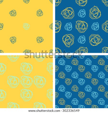 Set of 4 color geometric seamless pattern with doodle flower. Yellow, blue