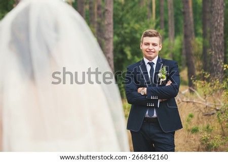 Groom suit and bride in wedding white dress on nature