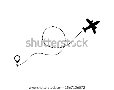 Airplane line path icon of air plane flight route. Airplane travel concept, symbol isolated  on white background. Flat black airplane flying and leave a black dashed trace line. Vector. EPS10