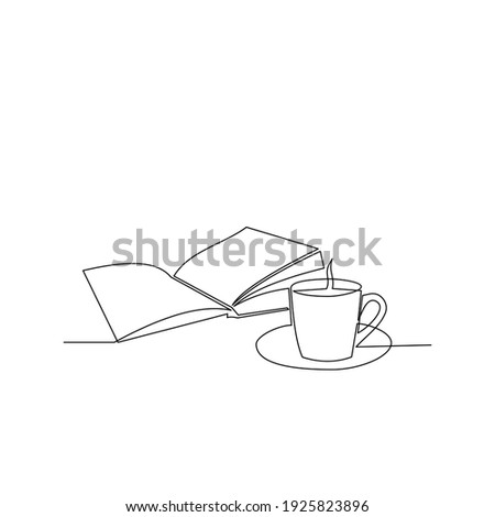 Draw a continuous line of stacks of books with a cup of coffee on top of the library table. Business and education concepts. Vector illustration