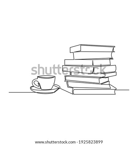 Draw a continuous line of stacks of books with a cup of coffee on top of the library table. Business and education concepts. Vector illustration