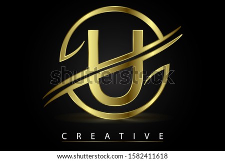 U Golden Letter Logo Design Vector Illustration with Circle Swoosh and Gold Metal Texture. Creative Metallic Letter for Company Name, Label, Icon, Cover, Emblem, Print, Textile, Card or Web Page.
