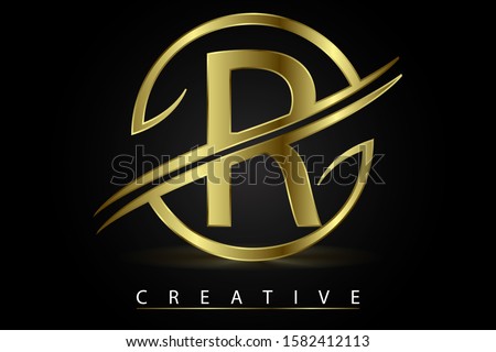 R Golden Letter Logo Design Vector Illustration with Circle Swoosh and Gold Metal Texture. Creative Metallic Letter for Company Name, Label, Icon, Cover, Emblem, Print, Textile, Card or Web Page.