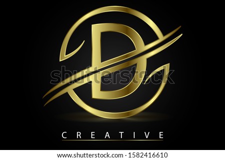 D Golden Letter Logo Design Vector Illustration with Circle Swoosh and Gold Metal Texture. Creative Metallic Letter for Company Name, Label, Icon, Cover, Emblem, Print, Textile, Card or Web Page.
