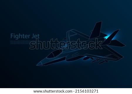 All-weather stealth multirole combat aircraft. F-35 Lightning II Fighter Jet vector illustration. Isolated military attack aircraft with blue lights on dark background. 