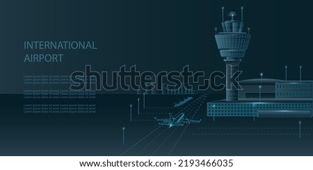 Airport with control tower, airshed, modern 3d buildings and air plane taking off in wireframe low poly style with dots and lights. International Airport concept futuristic vector illustration.