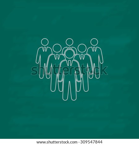 Leader standing in front of corporate crowd. Outline icon. Imitation draw with white chalk on green chalkboard. Flat Pictogram and School board background. Illustration symbol