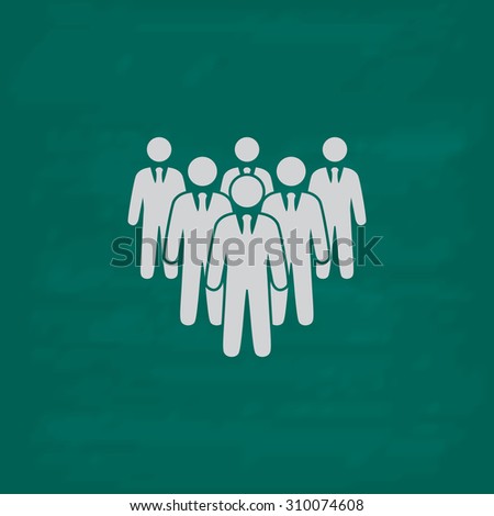Leader standing in front of corporate crowd.  Icon. Imitation draw with white chalk on green chalkboard. Flat Pictogram and School board background. Illustration symbol
