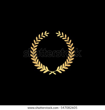 Victory laurel wreath. Gold symbol icon on black background