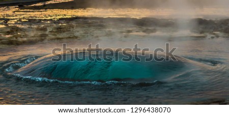 Image, Stock Photo Geysir Strokkur shortly before the eruption in the backlight of the morning sun, Iceland in winter