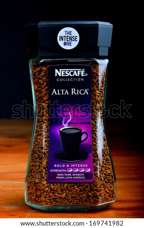 LEEDS, UK - JANUARY 5, 2014: Photo of a jar of Nescafe Alta Rica coffee. A popular brand of coffee made by Nestle.