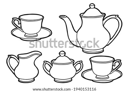 Hand drawing tea set. Teapot, milk jug, sugar bowl and cups and saucers. Black outline. Coloring page. 