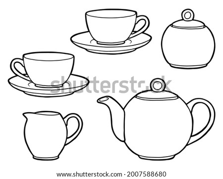 Hand drawing tea set. Teapot, milk jug, sugar bowl and cups and saucers. Black outline. Coloring page. 