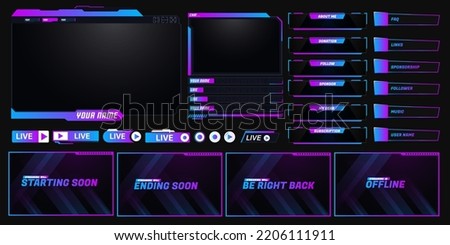 Twitch streaming overlay design with panels and alerts