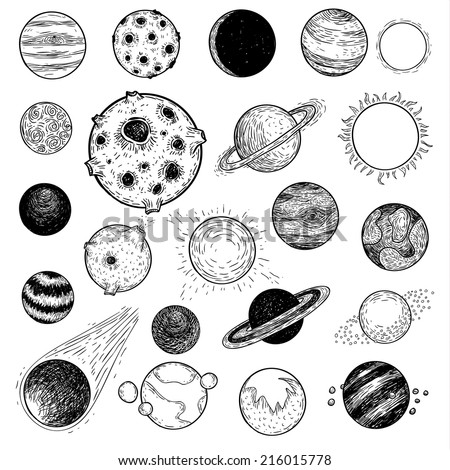 Set of planets icon, hand drawn vector illustration.