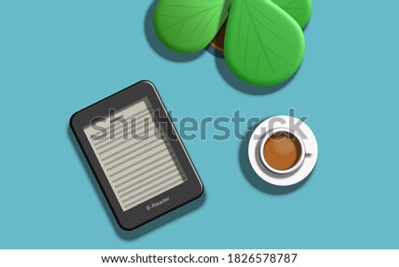 an illustration of e-reader, a cup of coffee and a plant on the pot in top view