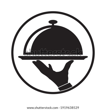 Подавать еду. Обслуживание в ресторане. Официант в ресторане. Рука с подносом. Serving food icon. Vector black silhouette on a white background.