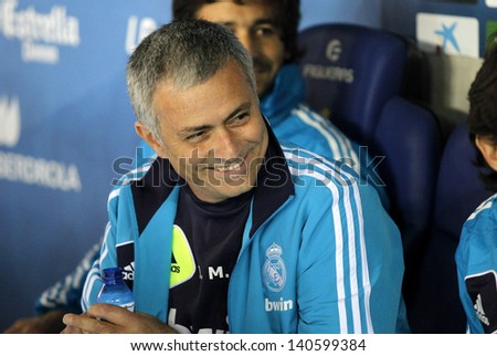 BARCELONA - MAY, 11: Jose Mourinho of Real Madrid during the Spanish League match between Espanyol and Real Madrid at the Estadi Cornella on May 11, 2013 in Barcelona, Spain