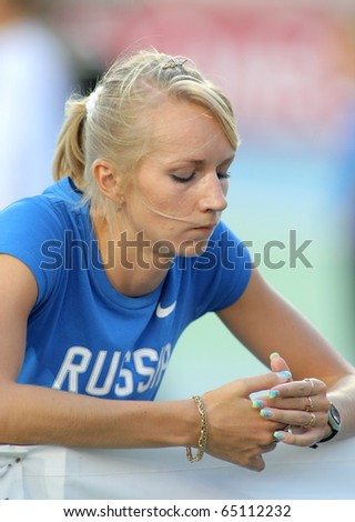 BARCELONA - AUG.. 1: Svetlana Shkolina of Russia waits on the sidelines during High Jump Final of the 20th European Athletics Championships at the Olympic Stadium on August 1, 2010 in Barcelona, Spain