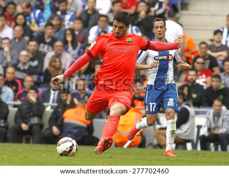 BARCELONA - APRIL, 25: Luis Suarez of FC Barcelona during a Spanish League match against RCD Espanyol at the Power8 stadium on April 25, 2015 in Barcelona, Spain