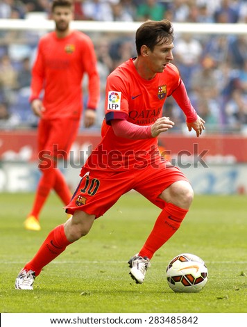 BARCELONA - APRIL, 25: Leo Messi of FC Barcelona during a Spanish League match against RCD Espanyol at the Power8 stadium on April 25, 2015 in Barcelona, Spain