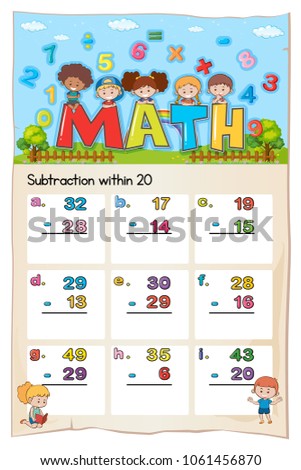 Math worksheet template for subtraction within twenty illustration