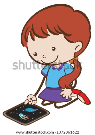Doodle Kid Playing Tablet on White Background illustration