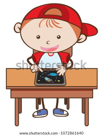 Doodle Kid Playing Tablet on White Background illustration