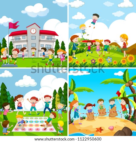 Set of scence of children playing illustration