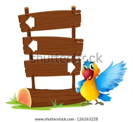 Illustration of a parrot beside a signboard on a white background