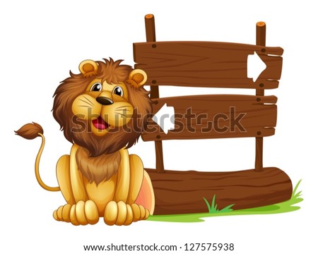 Illustration of a lion sitting beside a signboard on a white background