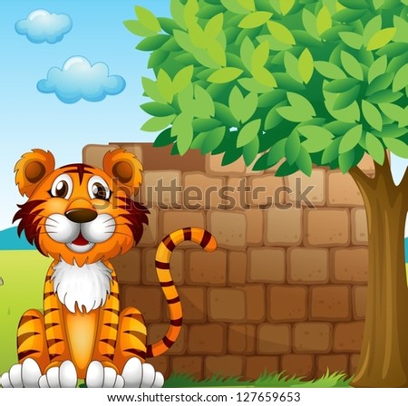 Illustration of a tiger at the left side of a brick wall