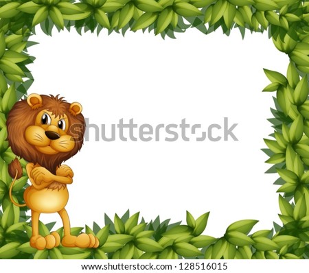 Illsutration of a lion at the left side of a leafy frame