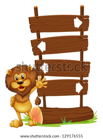 Illustration of a lion and the wooden board on a white background