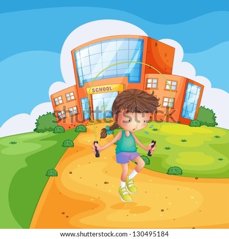 Illustration of a sweaty girl playing in front of a school building