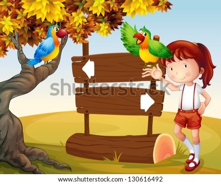 Illustration of a young girl and her parrots beside the signboard