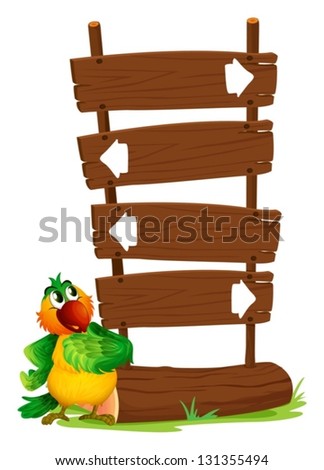 Illustration of the signboards beside a colorful parrot on a white background