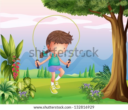 Illustration of a sweaty young girl playing at the hills