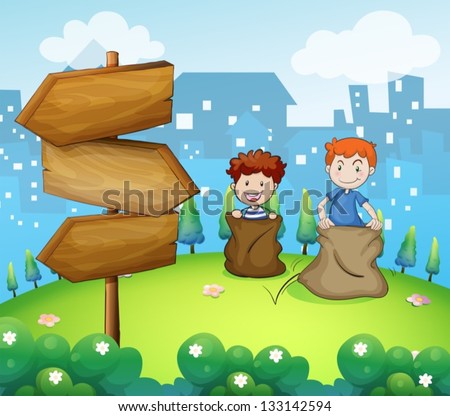 Illustration of the two boys playing sack race near the arrow boards