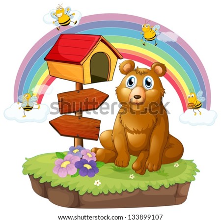 Illustration of a bear beside a wooden mailbox and a wooden signboard on a white background