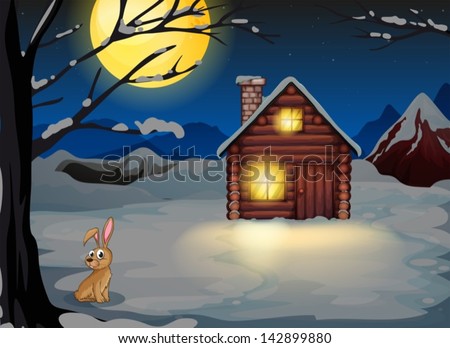Illustration of a rabbit outside the house in a moonlight scenery