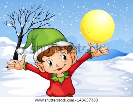 Illustration of an elf raising his hand outside with snow